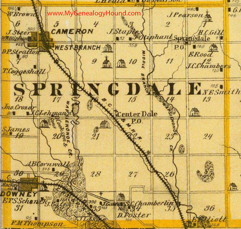 Springdale Township, Cedar County, Iowa, 1875, Map, Cameron, Downey, West Branch, IA