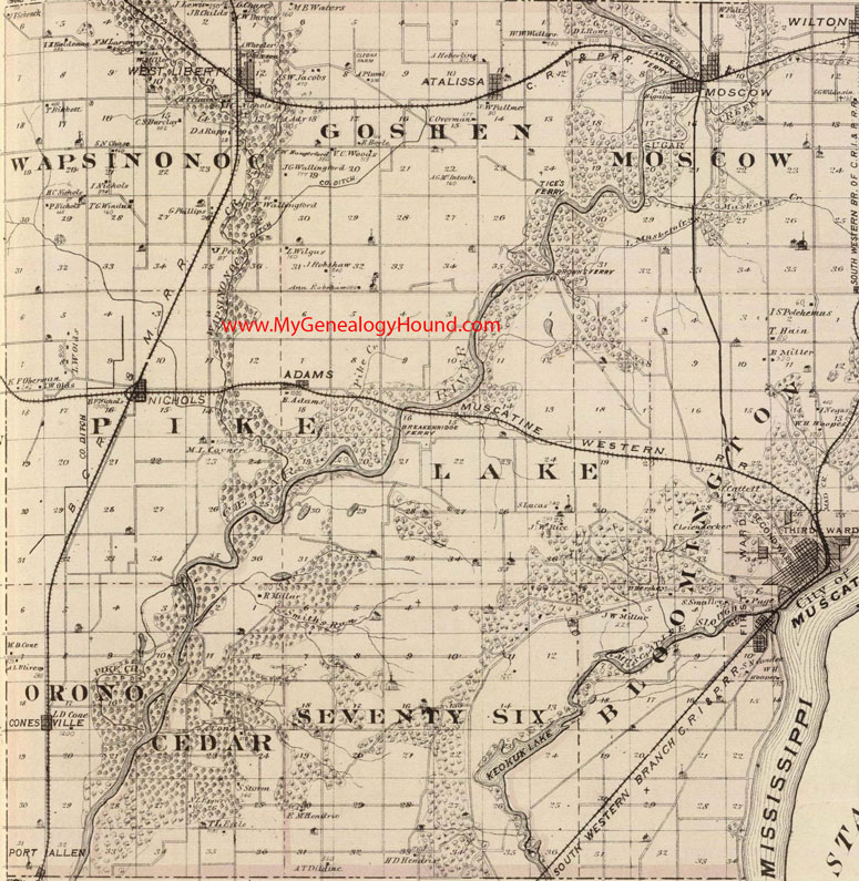 West, Muscatine County, Iowa, 1875, Map, Cedar Township, Goshen Township, Lake Township, Orono Township, Pike Township, Seventy Six Township, Wapsinonoc Township, IA