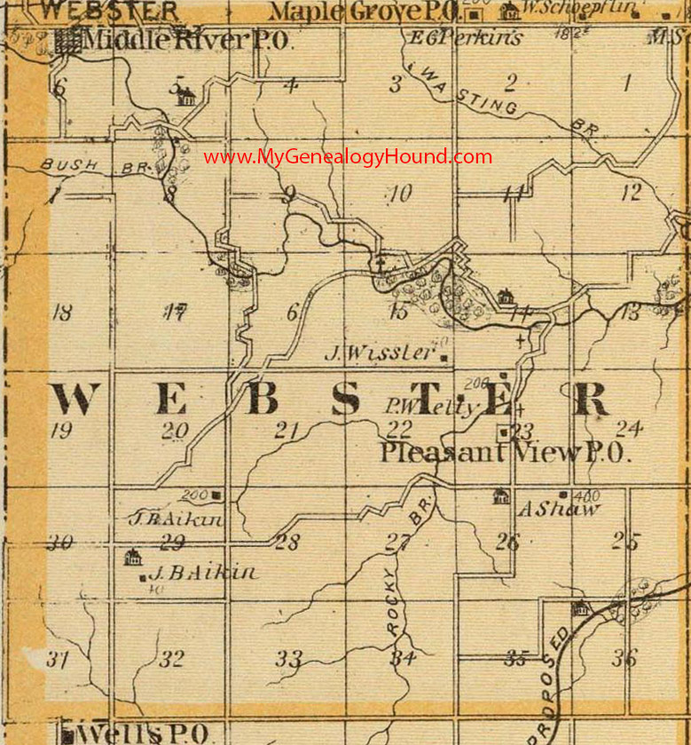 Webster Township, Madison County, Iowa, 1875, Map, Middle River, Pleasant View, IA
