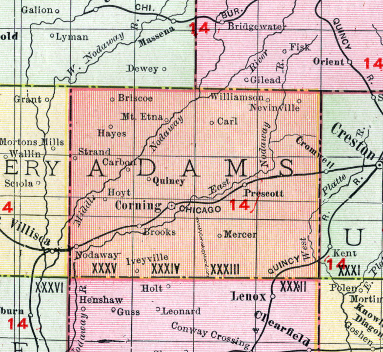 Adams County, Iowa, 1911, Map, Corning, Prescott, Nodaway, Brooks, Carbon, Mt. Etna, Mercer, Quincy, Hoyt, Strand, Hayes, Briscoe, Williamson, Nevinville, Carl