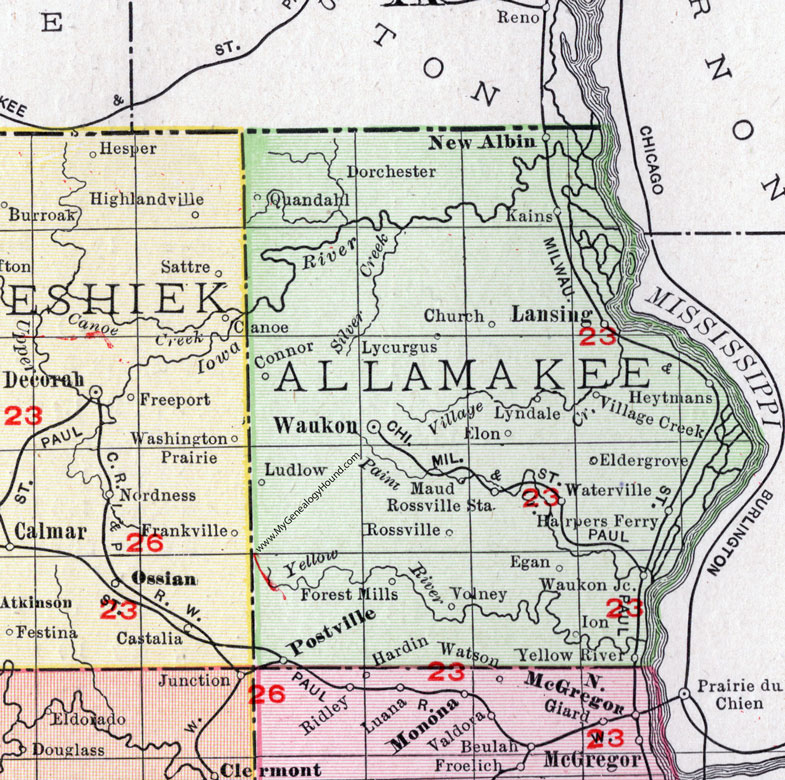 Allamakee County, Iowa, 1911, Map, Waukon, Lansing, Postville, New Albin, Harpers Ferry, Waterville, Dorchester, Quandahl, Kains, Lycurgus, Heytmans, Ludlow, Volney, Yellow River, Egan