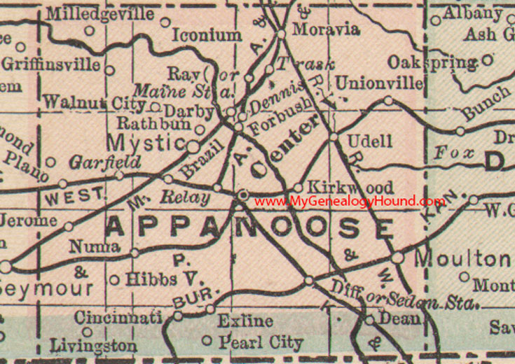 Appanoose County, Iowa, Map, 1905, Centerville, Moulton, Mystic, Moravia, Cincinnati, Numa, Udell, Rathbun, Plano, Unionville, IA