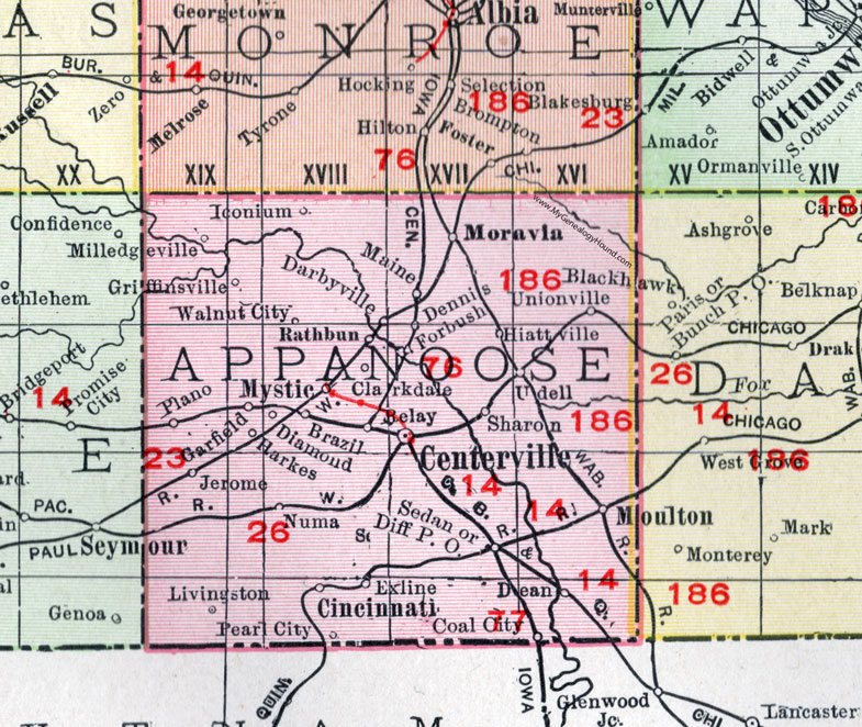 Appanoose County, Iowa, 1911, Map, Centerville, Mystic, Moulton, Moravia, Numa, Exline, Plano, Udell, Cincinnati, Rathbun, Unionville, Iconium, Milledgeville, Griffinsville, Hiattsville, Harkes, Sedan