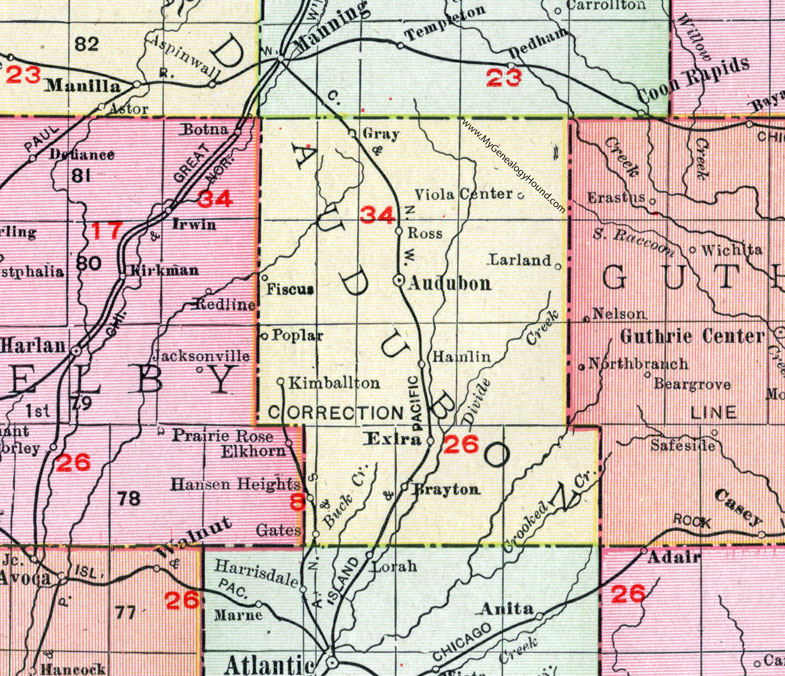 Audubon County, Iowa, 1911, Map, Audubon City, Kimballton, Exira, Brayton, Gray, Larland, Viola Center, Ross, Fiscus, Poplar, Hamlin, Hansen Heights, Gates