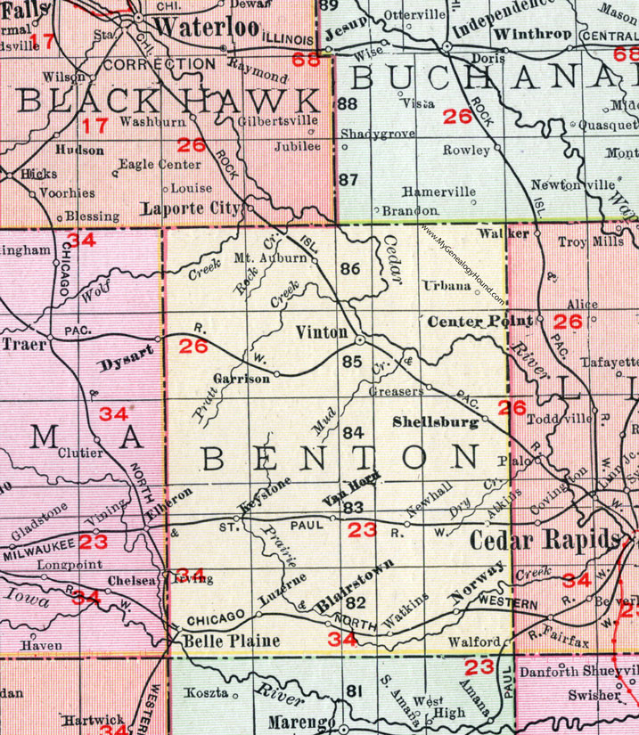 Benton County, Iowa, 1911, Map, Vinton, Belle Plaine, Shellsburg, Urbana, Garrison, Mt. Auburn, Atkins, Newhall, Van Horne, Keystone, Luzerne, Blairstown, Norway, Walford, Greasers, Walford, Watkins