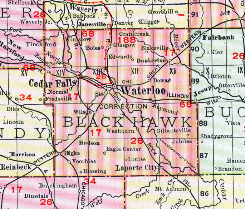 Black Hawk County, Iowa, 1911, Map, Waterloo, Cedar Falls, Laporte City, Hudson, Washburn, Gilbertville, Raymond, Dunkerton, Boles, Winslow, Blakeville, Voorhies, Finchford, Benson, Norris