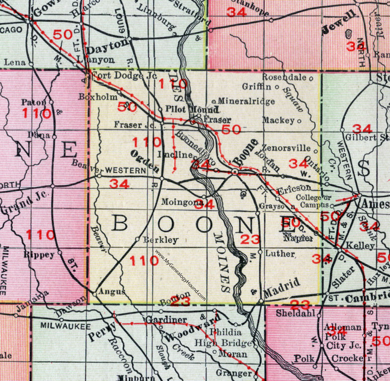 Boone County, Iowa, 1911, Map, Boone City, Ogden, Madrid, Boxholm, Beaver, Berkley, Luther, Pilot Mound, Fraser, Angus, Ericson, Zenorsville, Mackey, Grayson, Moingona, Napier