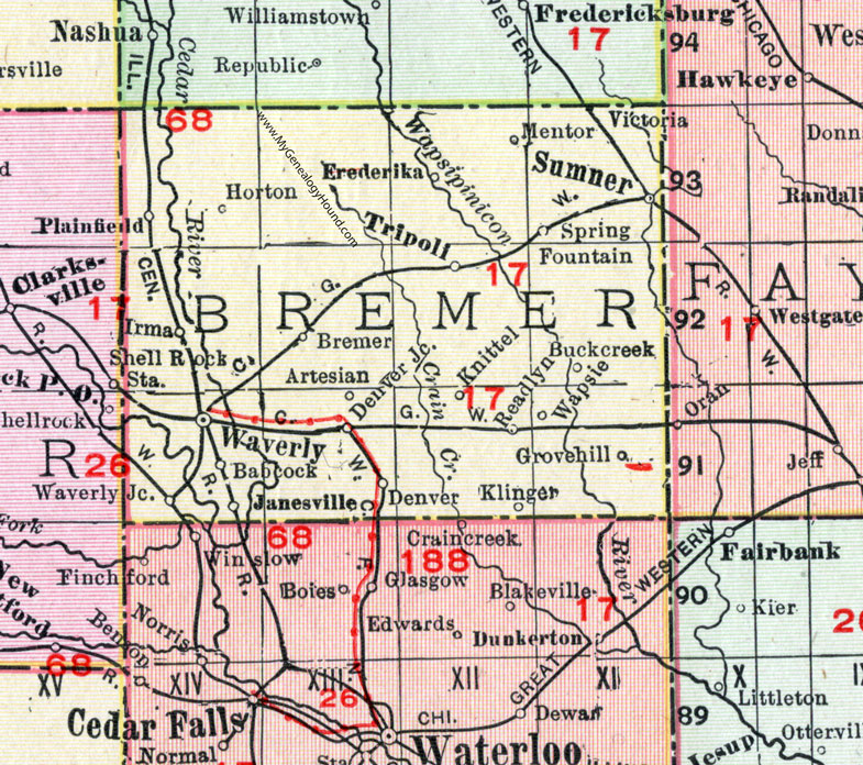 Bremer County, Iowa, 1911, Map, Waverly, Tripoli, Sumner, Janesville, Denver, Readlyn, Plainfield, Frederika, Klinger, Wapsie, Irma, Knittel, Mentor, Horton, Babcock, Victoria