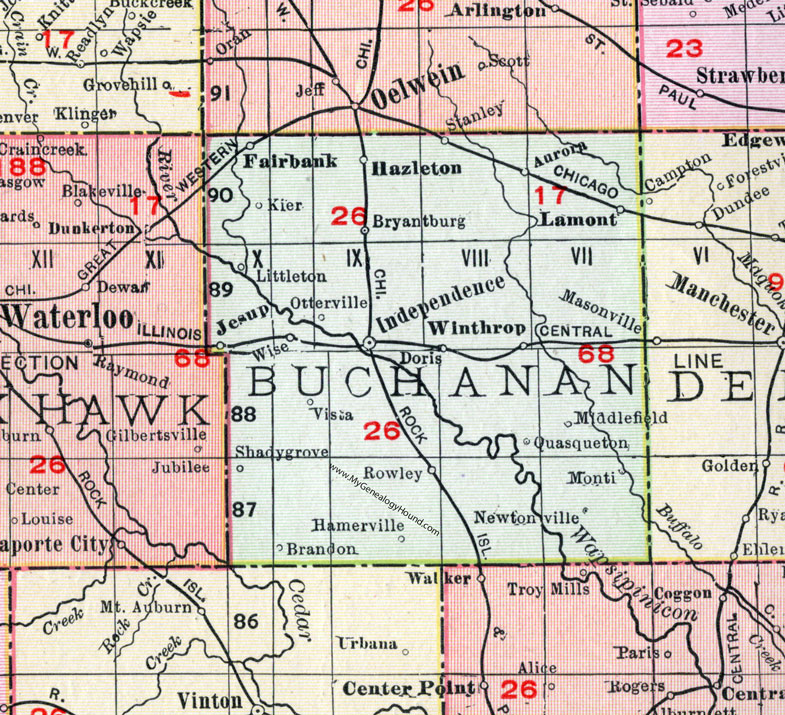 Buchanan County, Iowa, 1911, Map, Independence, Jesup, Quasqueton, Winthrop, Rowley, Fairbank, Hazleton, Aurora, Lamont, Littleton, Otterville, Brandon, Stanley, Monti, Kier, Hamerville