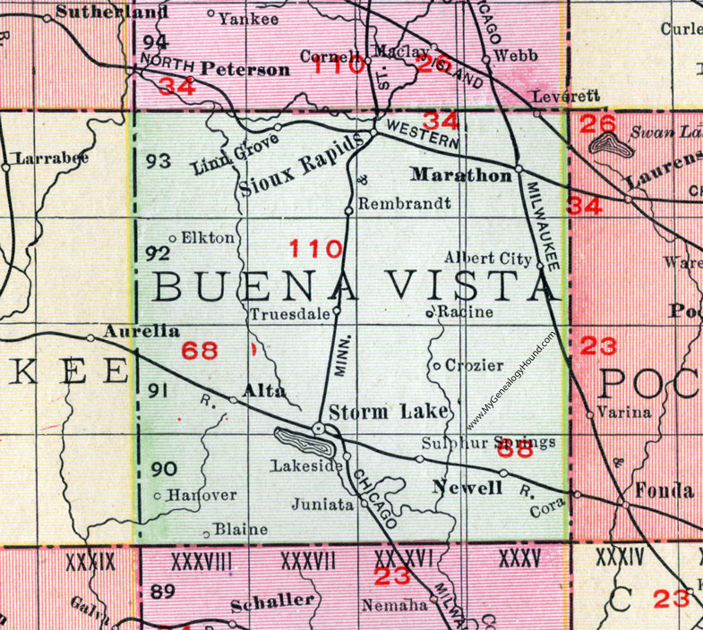 Buena Vista County, Iowa, 1911, Map, Storm Lake, Sioux Rapids, Alta, Marathon, Albert City, Newell, Lakeside, Truesdale, Rembrandt, Linn Grove, Sulphur Springs, Hanover, Blaine, Crozier, Juniata, Elkton, Racine