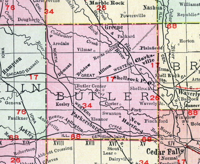 Butler County, Iowa, 1911, Map, Allison, Greene, Clarksville, Parkersburg, Aplington, New Hartford, Shell Rock, Bristow, Dumont, Aredale, Kesley, Coster, Austinville, Sinclair, Packard, Vilmar, Swanton