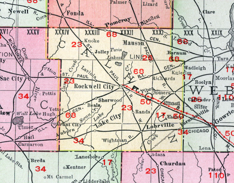 Calhoun County, Iowa, 1911, Map, Rockwell City, Pomeroy, Manson, Farnhamville, Lake City, Lohrville, Jolley, Knierim, Somers, Yetter, Rinard, Beals, Knoke, Wadleigh, Piper, Easley, Sherwood, Wightman, Rands