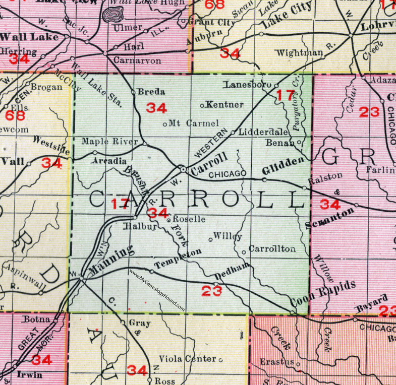 Carroll County, Iowa, 1911, Map, Carroll City, Manning, Glidden, Coon Rapids, Lanesboro, Lidderdale, Ralston, Halbur, Templeton, Dedham, Breda, Arcadia, Kentner, Willey, Carrollton, Benan, Roselle, Maple River