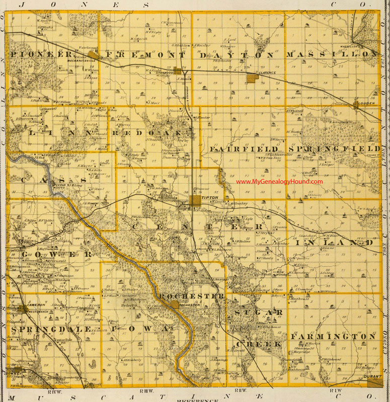 Cedar County, Iowa, 1875, Map, Tipton, Clarence, Mechanicsville, Stanwood, Louden, Rochester, Durant, Downey, Cameron, West Branch, IA
