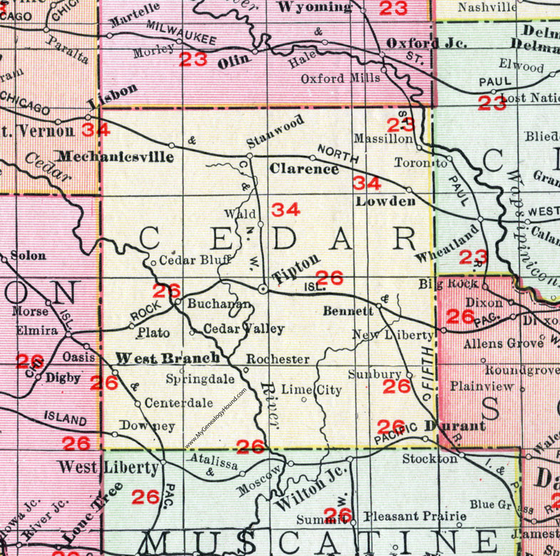 Cedar County, Iowa, 1911, Map, Tipton, West Branch, Durant, Mechanicsville, Stanwood, Clarence, Lowden, Bennett, Massillon, Wald, Cedar Bluff, Buchanan, Plato, Rochester, Downey, Sunbury, Lime City