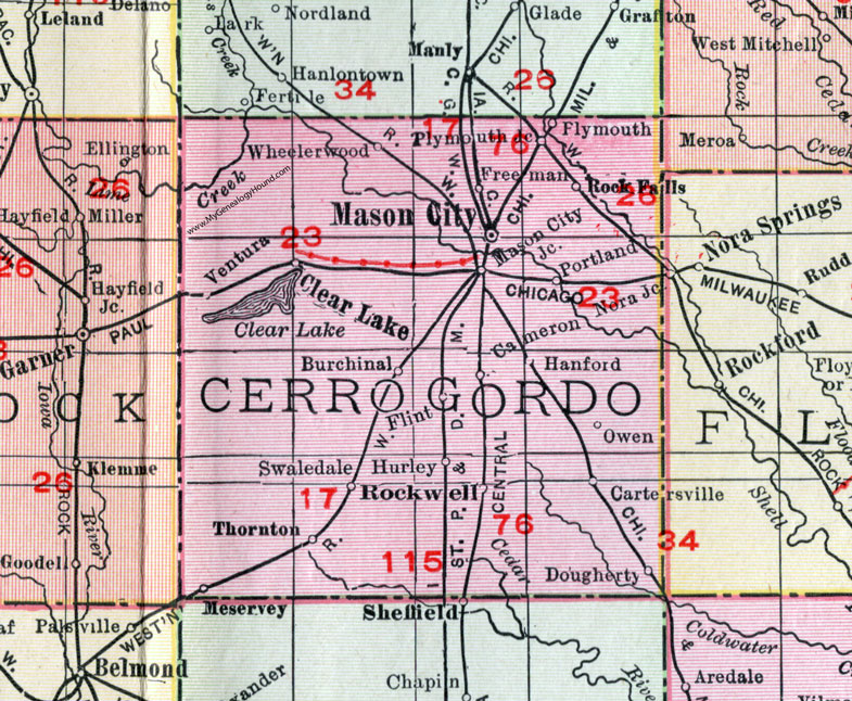 Cerro Gordo County, Iowa, 1911, Map, Mason City, Clear Lake, Rockwell, Ventura, Swaledale, Thornton, Meservey, Plymouth, Rock Falls, Dougherty, Hanford, Hurley, Burchinal, Cartersville, Cameron, Portland, Wheelerwood