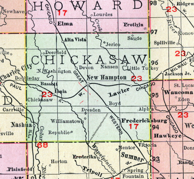 Chickasaw County, Iowa, 1911, Map, New Hampton, Nashua, Fredericksburg, Lawler, North Washington, Bassett, Alta Vista, Saude, Jerico, Devon, Nansen, Little Turkey, Ionia, Dresden, Boyd, Williamstown, Republic