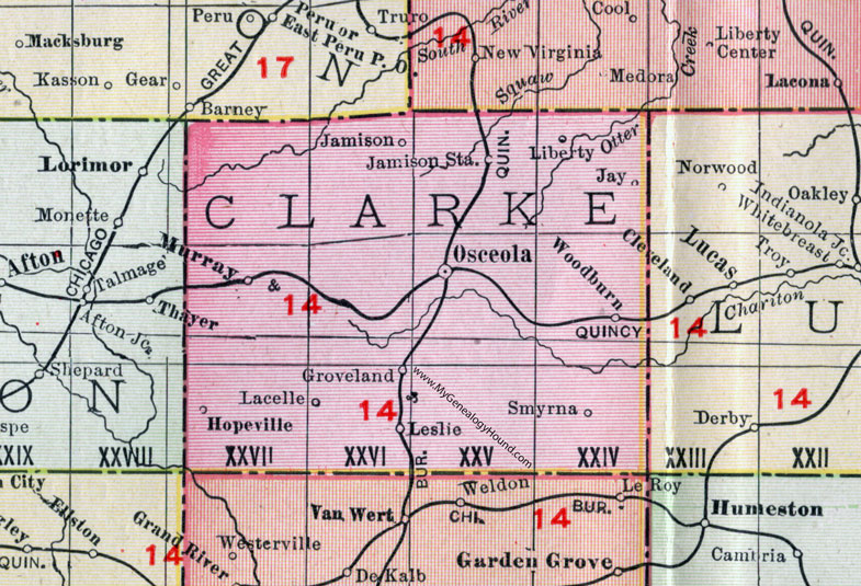 Clarke County, Iowa, 1911, Map, Osceola, Murray, Woodburn, Jamison, Liberty, Jay, Lacelle, Groveland, Hopeville, Leslie, Smyrna