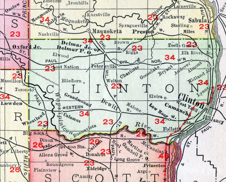 Clinton County, Iowa, 1911, Map, Clinton City, Camanche, De Witt, Lost Nation, Delmar, Welton, Charlotte, Goose Lake, Low Moor, Grand Mound, Calamus, Wheatland, Toronto, Elvira, Riggs, Bliedorn, Folletts, Chaney