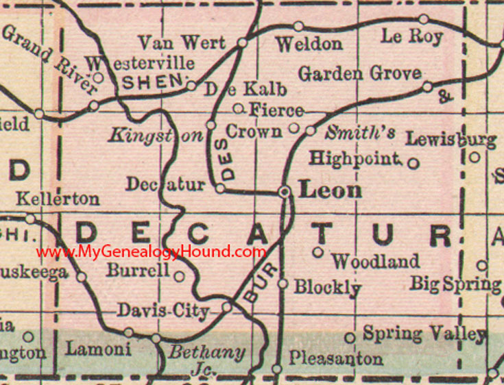 Decatur County, Iowa, Map, 1905, Leon, Lamoni, Garden Grove, Van Wert, Weldon, Davis City, Grand River, Burrell, Blockly, Pleasanton, IA