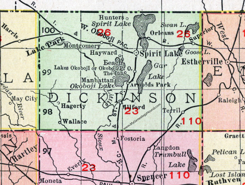 Dickinson County, Iowa, 1911, Map, Spirit Lake, Milford, Lake Park, Terril, Arnolds Park, Orleans, Superior, Hayward, Okoboji, Manhattan, Hunters, The Inn, Hagerty, Wallace