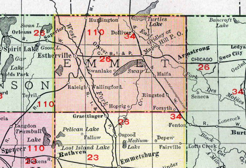 Emmet County, Iowa, 1911, Map, Estherville, Armstrong, Ringsted, Wallingford, Dolliver, Gruver, Swan Lake, Forsyth, Hoprig, Raleigh, Huntington, Halfa, Gridley, Maple Hill