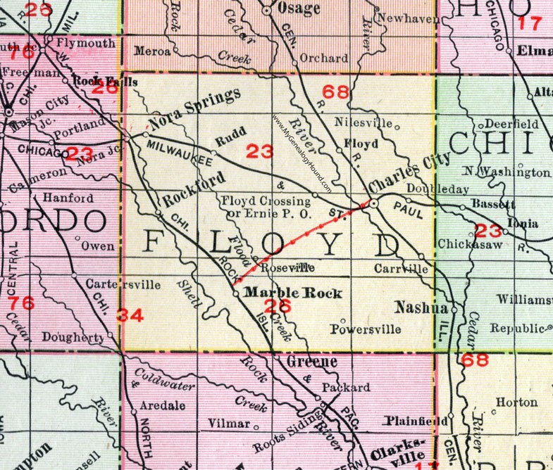 Floyd County, Iowa, 1911, Map, Charles City, Nora Springs, Marble Rock, Rockford, Rudd, Floyd City, Doubleday, Nilesville, Carrville, Powersville, Roseville, Floyd Crossing, Ernie