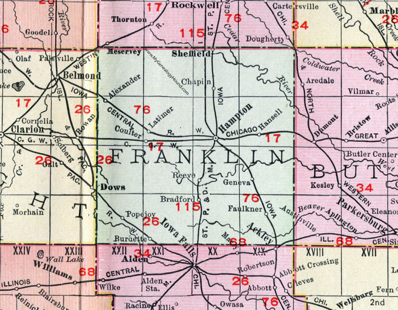 Franklin County, Iowa, 1911, Map, Hampton, Sheffield, Coulter, Alexander, Bradford, Burdette, Chapin, Faulkner, Geneva, Hansell, Latimer, Popejoy, Reeve