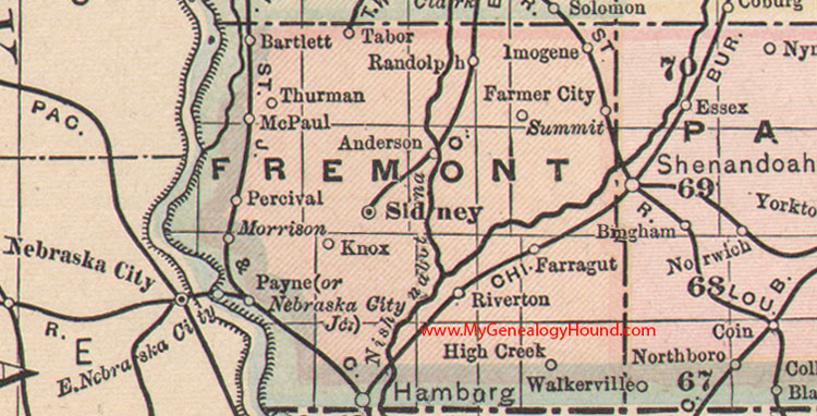 Fremont County, Iowa, 1905, Map, Sidney, Hamburg, Riverton, Farragut, Thurman, Tabor, Randolph, Imogene, Percival, Bartlett, IA 