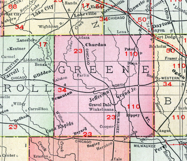 Greene County, Iowa, 1911, Map, Jefferson, Grand Junction, Scranton, Churdan, Paton, Dana, Farlin, Rippey, Cooper, Winkelmans, Adaza, Gravel Dale