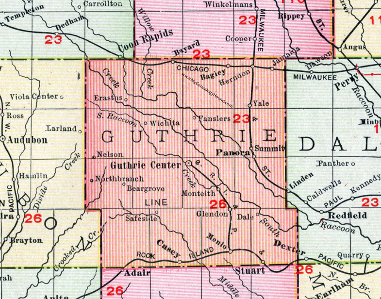 Guthrie County, Iowa, 1911, Map, Guthrie Center, Panora, Stuart, Bayard, Jamaica, Bagley, Yale, Menlo, Casey, Fanslers, Herndon, Erastus, Nelson, Monteith, Glendon, Safeside, Bear Grove