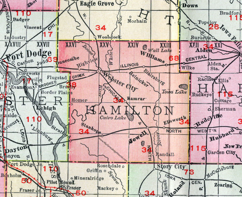 Hamilton County, Iowa, 1911, Map, Webster City, Jewell, Stratford, Stanhope, Ellsworth, Kamrar, Blairsburg, Williams, Randall, Reinicker, Highview, Homer