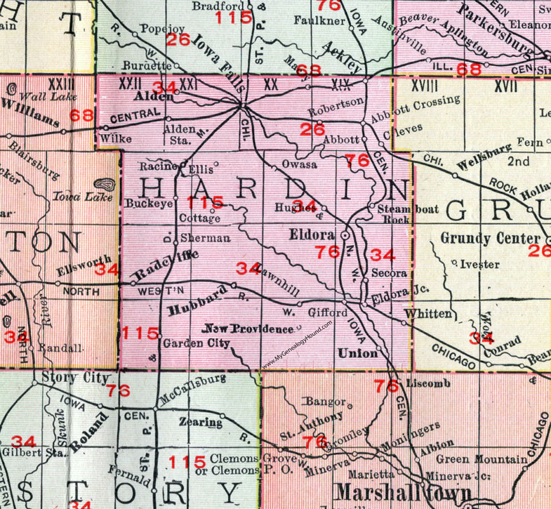 Hardin County, Iowa, 1911, Map, Eldora, Iowa Falls, Alden, Ackley, Buckeye, Radcliffe, Hubbard, Steamboat Rock, Owasa, New Providence, Union, Whitten, Garden City, Cleves, Secora, Wilke, Gifford, Racine, Ellis