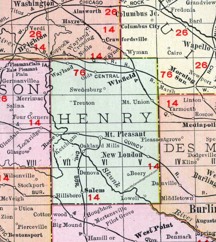 Henry County, Iowa, 1911, Map, Mt. Pleasant, New London, Winfield, Salem, Wayland, Olds, Trenton, Swedesburg, Mt. Union, Rome, Hillsboro, Ketcham, Oakland Mills, Denova, Coppock, Wayne, Beery, Lowell