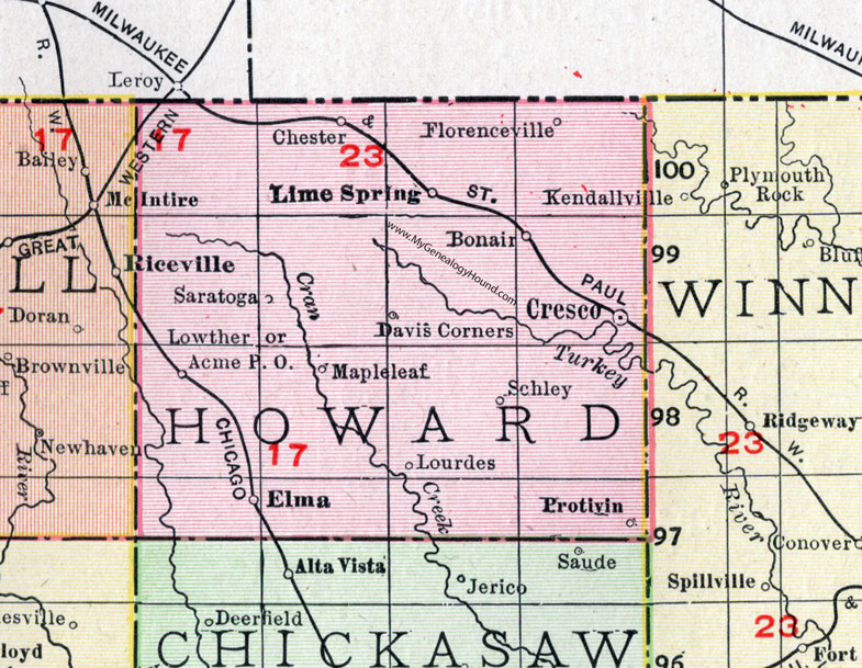 Howard County, Iowa, 1911, Map, Cresco, Elma, Lime Springs, Protivin, Saratoga, Lowther, Acme, Maple Leaf, Lourdes, Schley, Bonair, Florenceville, Chester, Davis Corners