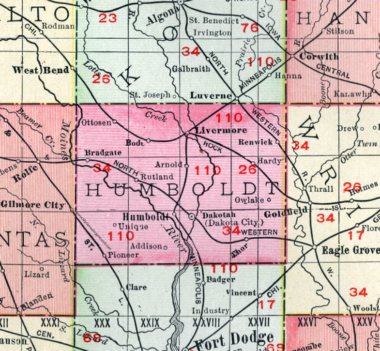 Humboldt County, Iowa, 1911, Map, Dakota City, Humboldt City, Livermore, Renwick, Dakotah, Ottosen, Rutland, Thor, Hardy, Bradgate, Pioneer, Owlake, Arnold, Addison, Bode, Unique