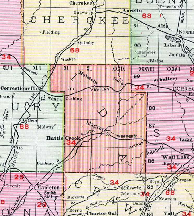 Ida County, Iowa, 1911, Map, Ida Grove, Holstein, Battle Creek, Arthur, Galva