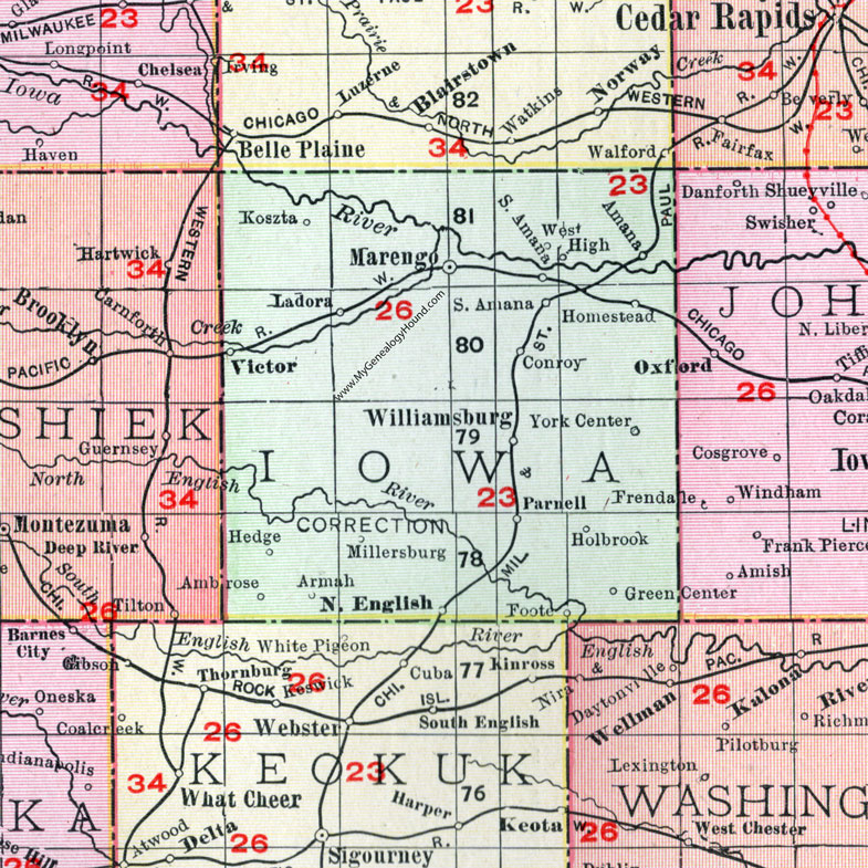 Iowa County, Iowa, 1911, Map, Marengo, Williamsburg, North English, Victor, Ladora, Amana, Parnell, Millersburg, Holbrook, Green Center, York Center, Foote, Armah, Ambrose, Hedge, Koszta, Conroy, Homestead