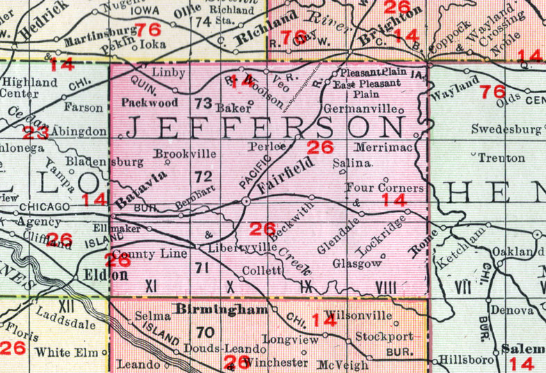 Jefferson County, Iowa, 1911, Map, Fairfield, Batavia, Libertyville, Packwood, Lockridge, Linby, Woolson, Veo, Germanville, Merrimac, Salina, Glasgow, Collett, Perlee, Beckwith, Bernhart, Ellmaker, Abingdon