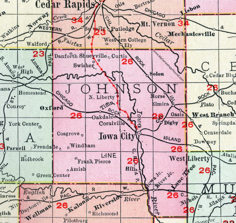 Johnson County, Iowa, 1911, Map, Iowa City, Coralville, Lone Tree, Oxford, Swisher, Shueyville, Solon, North Liberty, Tiffin, Hills, Cosgrove, Windham, Amish, Frank Pierce, Digby, Elmira, Oasis, Danforth, Frendale, Morse
