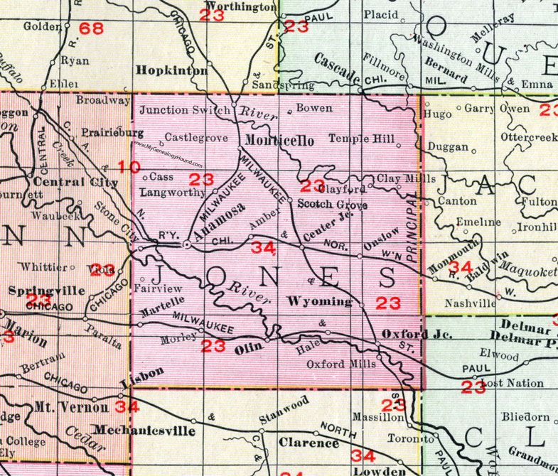 Jones County, Iowa, 1911, Map, Anamosa, Monticello, Wyoming, Oxford Junction, Martelle, Morley, Olin, Onslow, Center Junction, Castle Grove, Bowen, Langworthy, Cass, Hale, Clay Mills, Oxford Mills, Scotch Grove, Amber