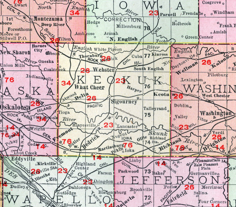 Keokuk County, Iowa, 1911, Map, Sigourney, What Cheer, Keota, Hedrick, Delta, Martinsburg, Ollie, Richland, Thornburg, Webster, Keswick, South English, Harper, Hayesville, Tallyrand, Nugent, Gibson, Kinross, Pekin, Ioka