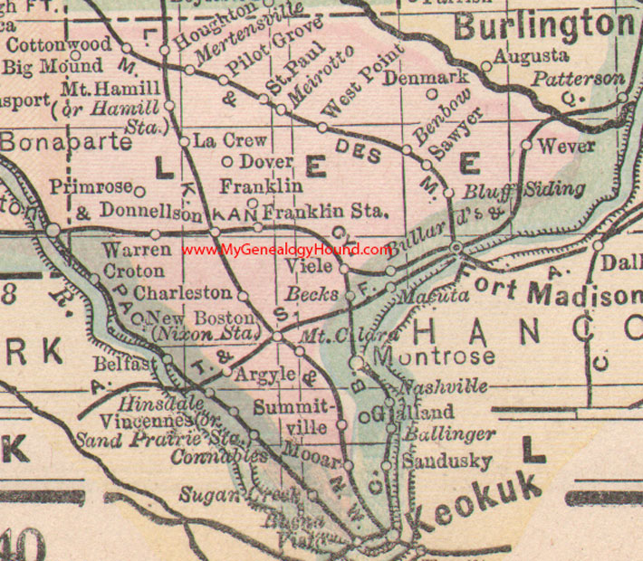 Lee County, Iowa, Map, 1905, Keokuk, Ft. Madison, Montrose, Denmark, West Point, La Crew, IA 