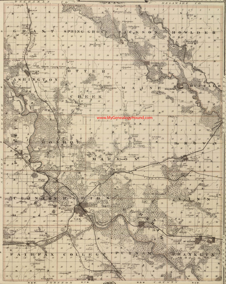 Linn County, Iowa, 1875, Map, Cedar Rapids, Bertram, Marion, Mt. Vernon, Lisbon, Western College, Waubeek, Springville, Central City, Center Point, IA