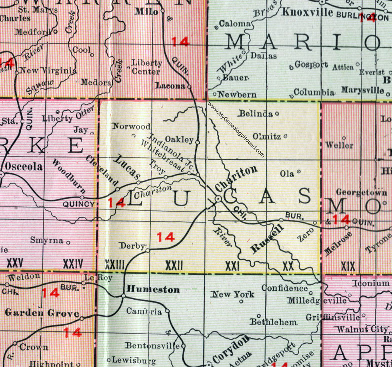Lucas County, Iowa, 1911, Map, Chariton, Russell, Lucas City, Derby, Oakley, Olmitz, Ola, Zero, Cleveland, Troy, Norwood, Belinda, White Breast