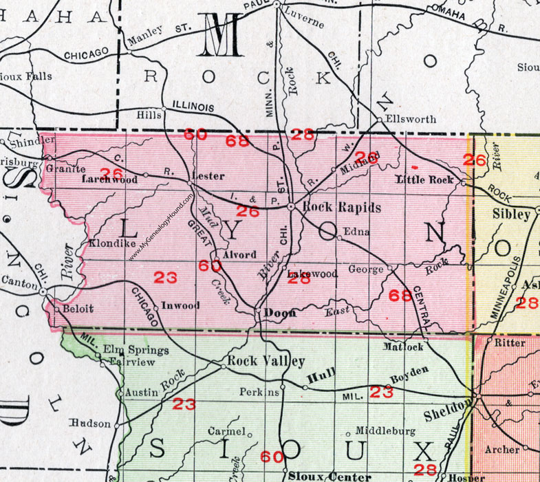 Lyon County, Iowa, 1911, Map, Rock Rapids, Doon, Inwood, George, Larchwood, Lester, Little Rock, Alvord, Klondike, Beloit, Granite, Midland, Edna, Lakewood