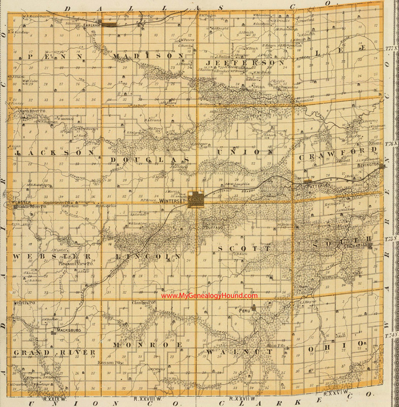 Madison County, Iowa, 1875, Map, Winterset, Earlham, Bevington, St. Charles, Buffalo, Peru, Macksburg, Middle River, Patterson, IA