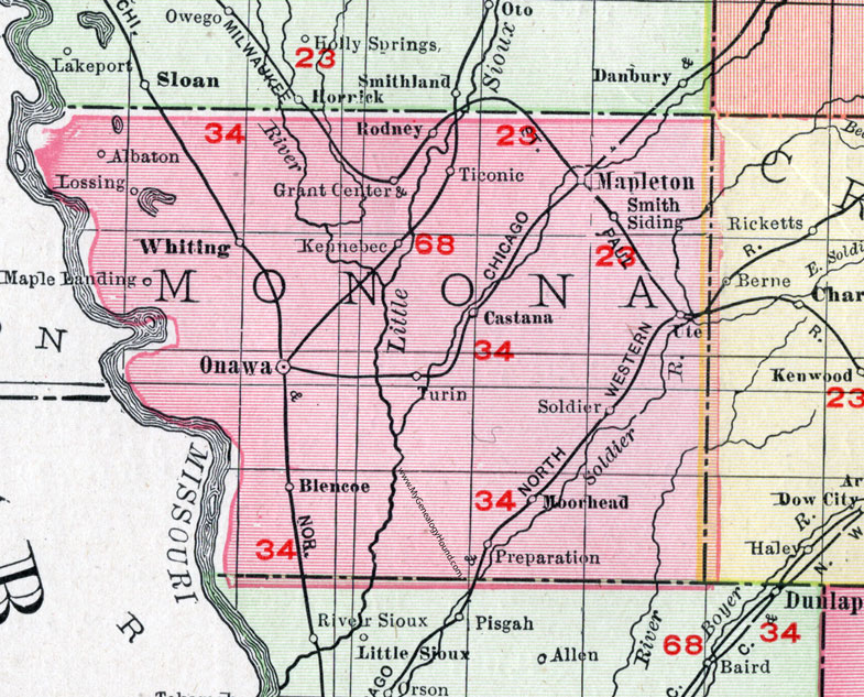 Monona County, Iowa, 1911, Map, Onawa, Mapleton, Whiting, Castana, Moorhead, Ute, Soldier, Blencoe, Turin, Rodney, Albaton, Lossing, Maple Landing, Ticonic, Preparation, Kennebec, Grant Center,  Rodney