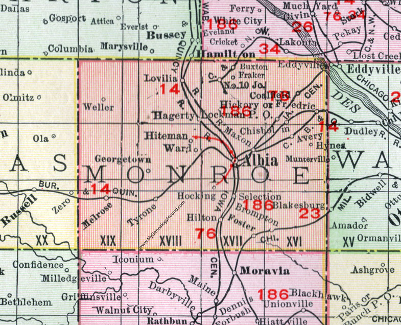 Monroe County, Iowa, 1911, Map, Albia, Lovilia, Melrose, Avery, Weller, Hiteman, Tyrone, Hocking, Hilton, Hagerty, Buxton, Fraker, Lockman, Hynes, Foster, Coalfield, Selection