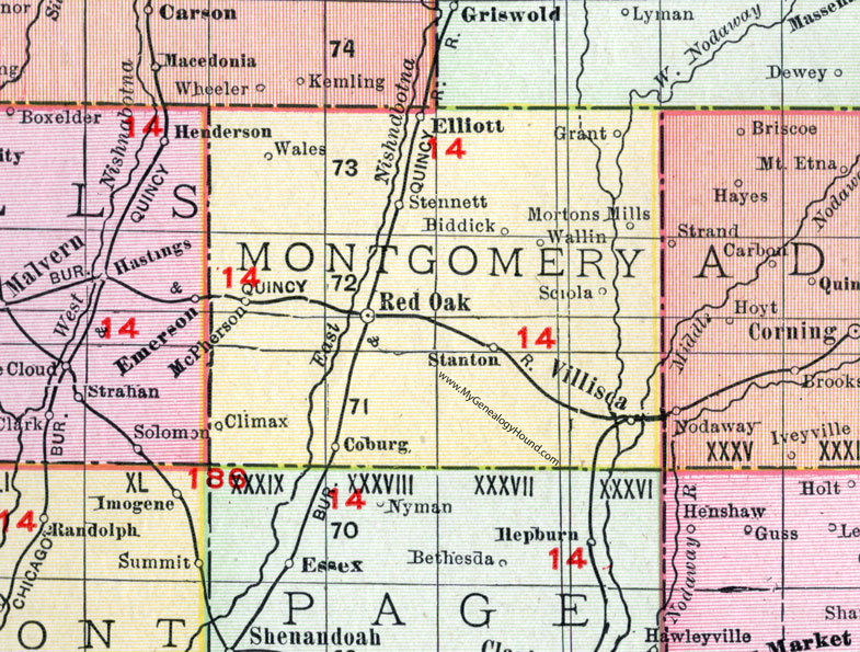Montgomery County, Iowa, 1911, Map, Red Oak, Villisca, Stanton, Elliott, Wales, Stennett, Biddick, Grant, Mortons Mills, Wallin, Sciola, McPherson, Climax, Coburg